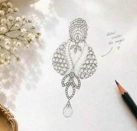 Hand-drawn pencil sketch of an ornate diamond drop earring, with the note 'detail creates the magic'